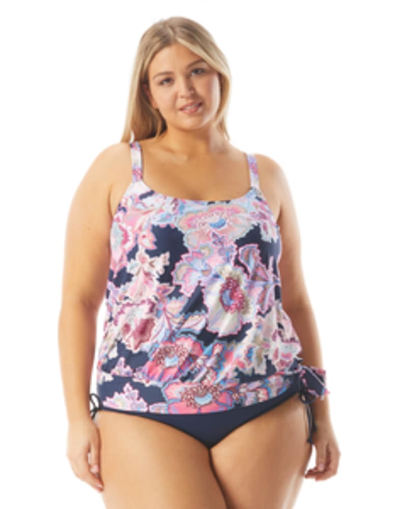 Front of a model wearing a size 16W Sarah Floral Side Tie Tankini Top in ADMIRAL by Beach House Woman. | dia_product_style_image_id:269189